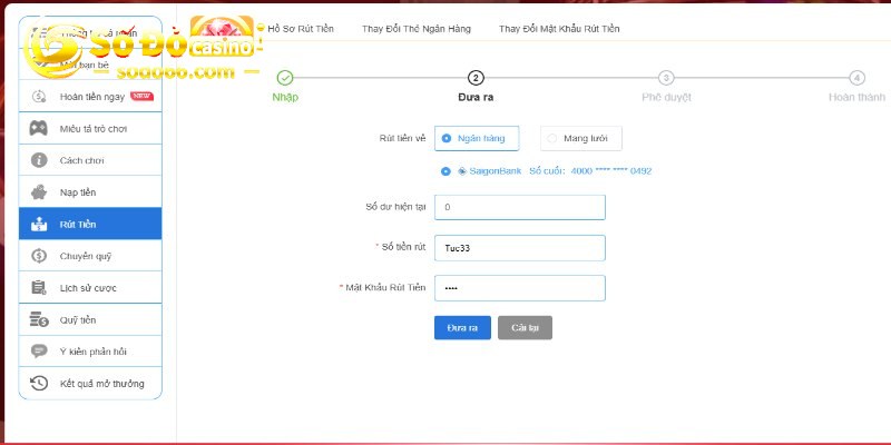 Xác nhận thông tin rút tiền Sodo66